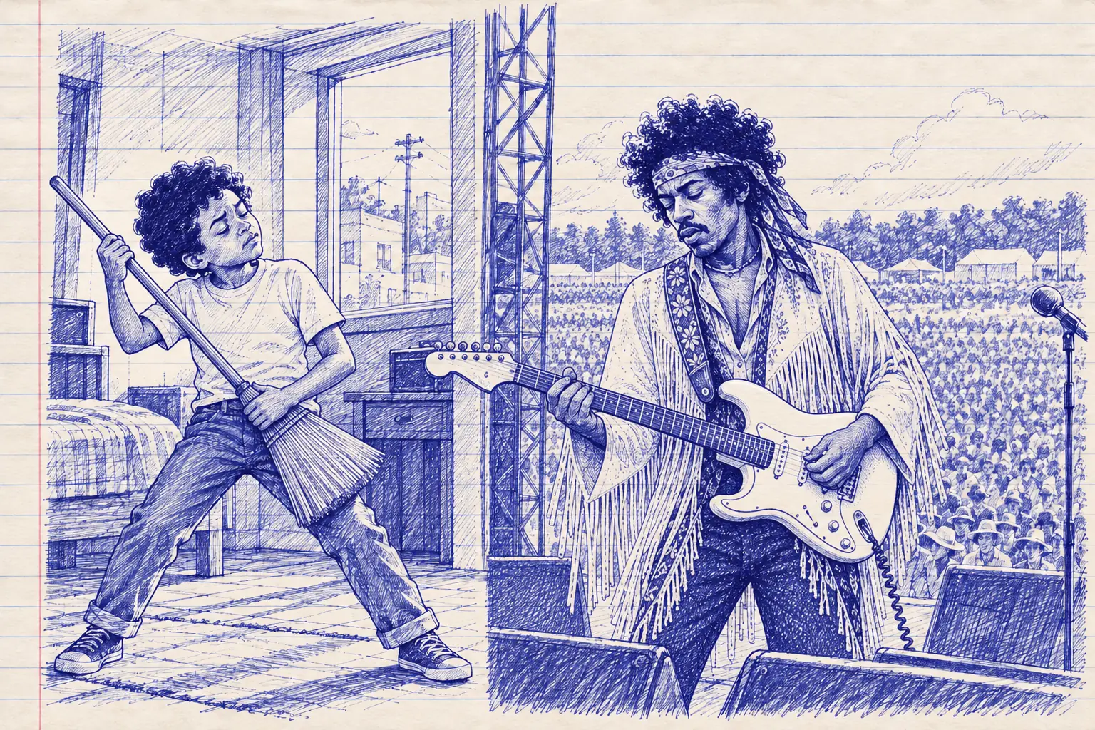 Desenho em caneta azul sobre papel de caderno: um menino toca uma vassoura como guitarra; ao lado, Jimi Hendrix toca uma guitarra branca como canhoto em Woodstock