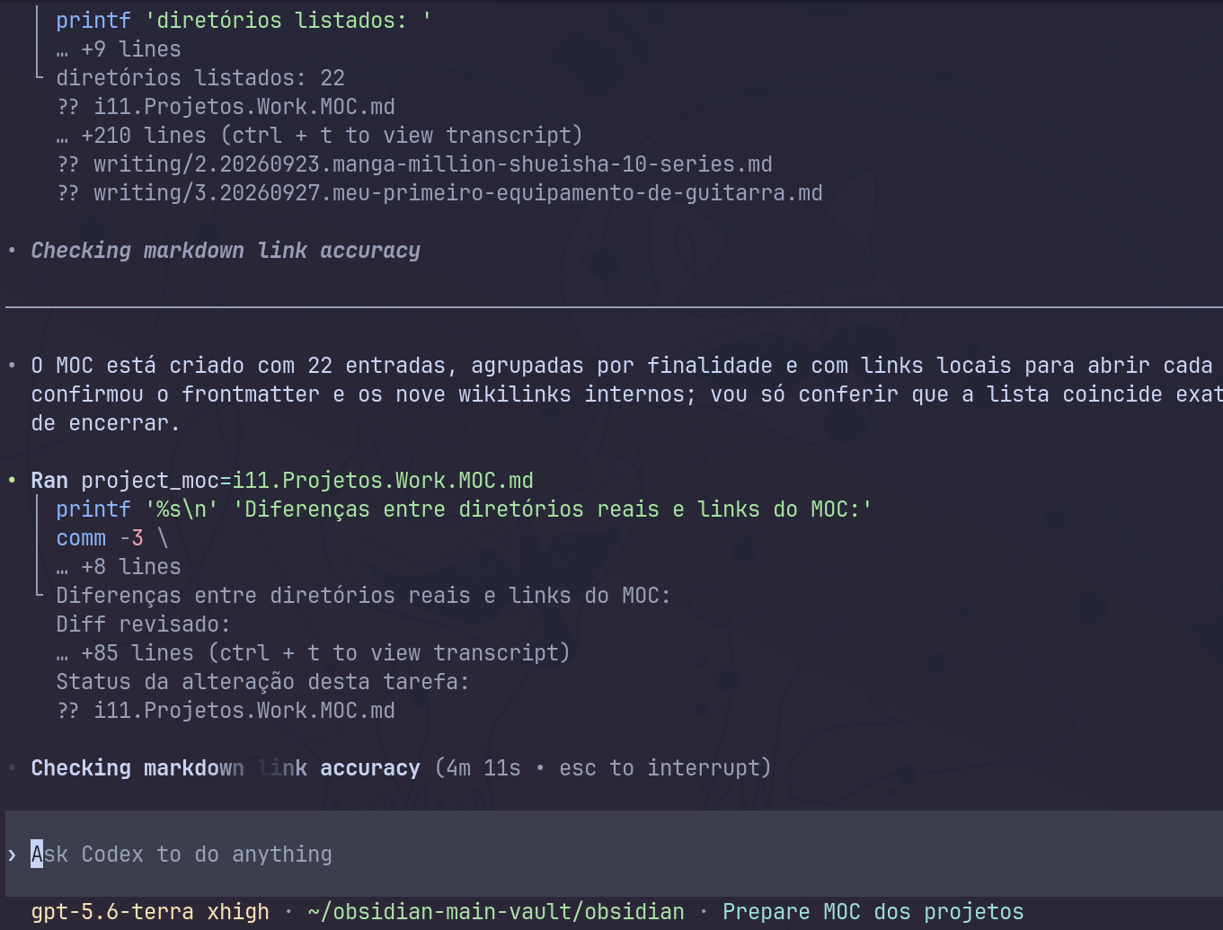 Terminal com o Codex verificando links Markdown e criando um mapa de conteúdo num cofre de notas.