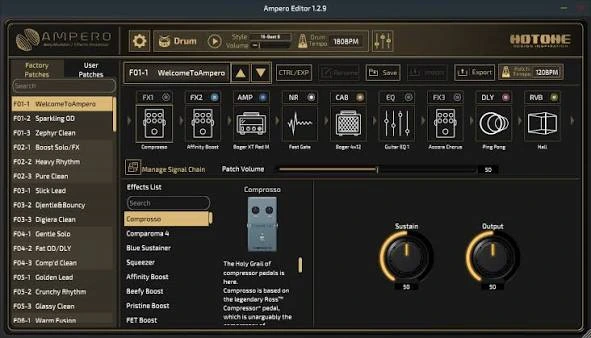 Ampero Editor com a cadeia de efeitos no alto e os controles de um compressor abaixo