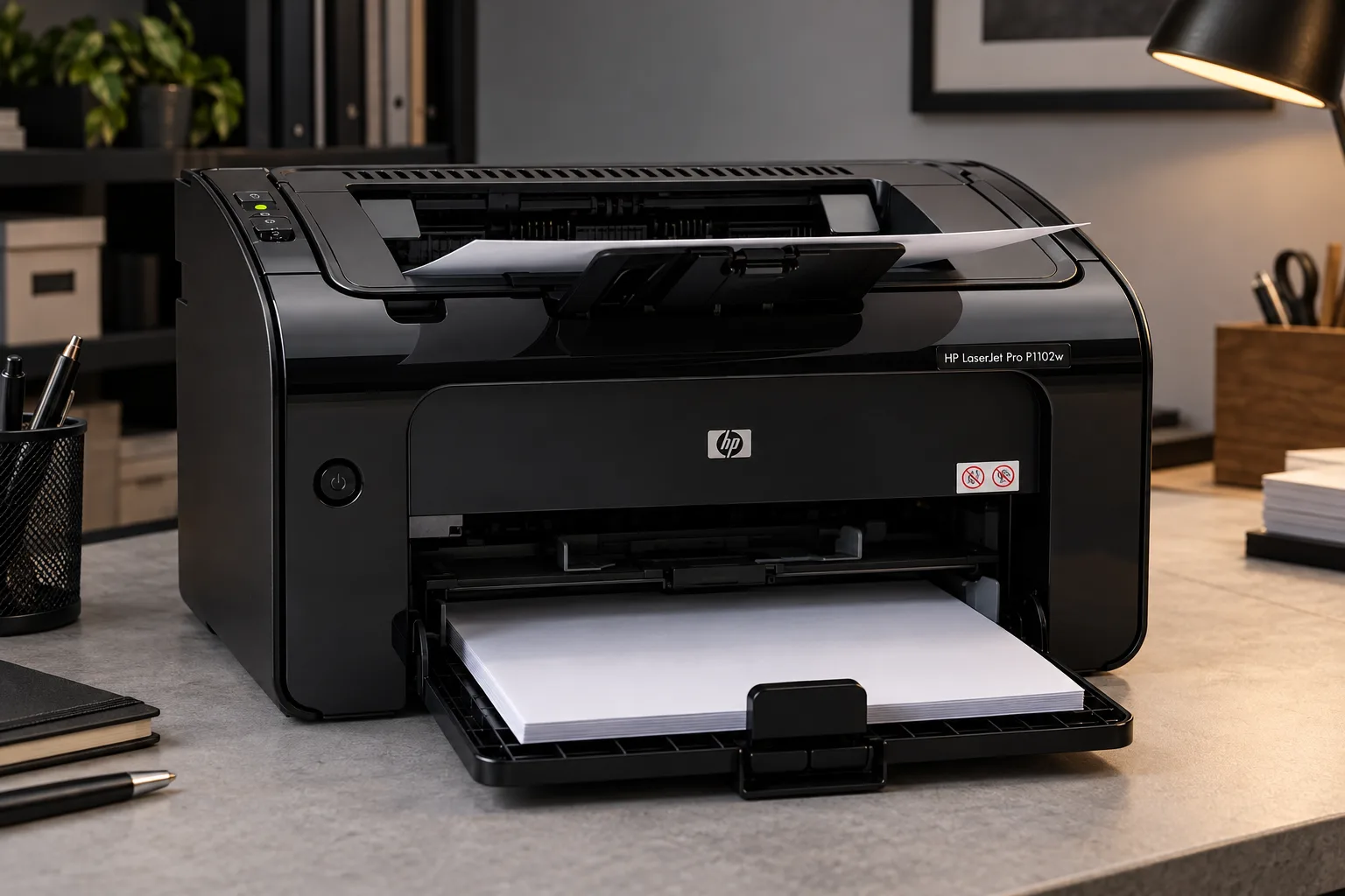 Ilustração de uma impressora HP LaserJet P1102w preta com papel na bandeja de entrada e uma folha na saída