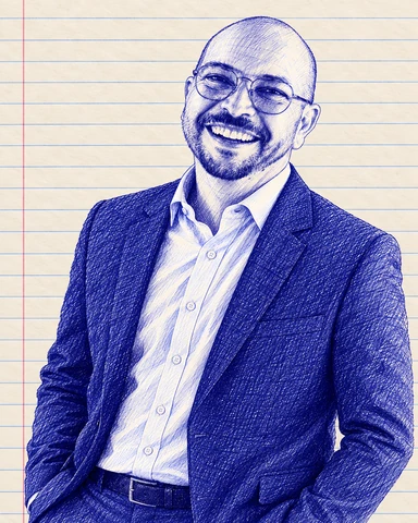 Retrato de Gilmar Pupo desenhado em caneta azul sobre papel de caderno