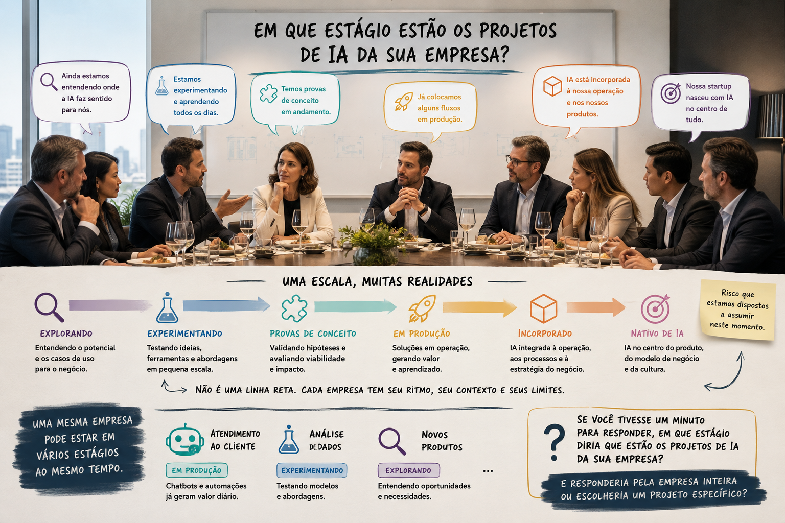Ilustração de um almoço entre executivos com diferentes respostas sobre o estágio dos projetos de IA, acompanhada de uma escala que vai de explorando a nativo de IA