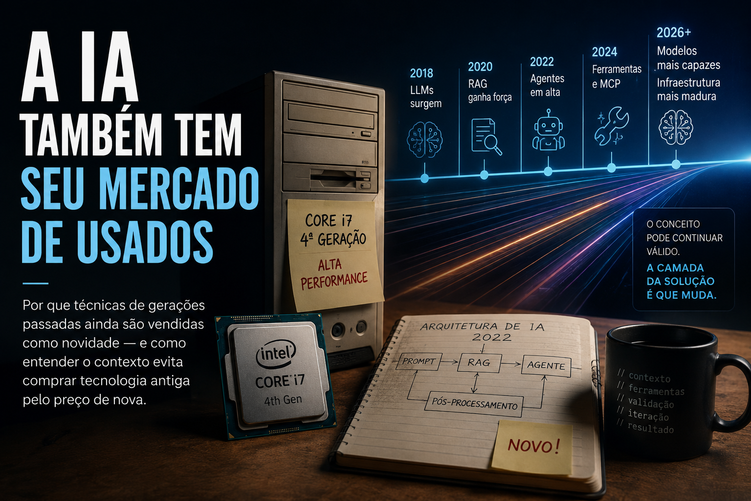 Computador antigo com etiqueta Core i7 de quarta geração, processador Intel e caderno com arquitetura de IA ao lado de uma timeline de 2018 a 2026