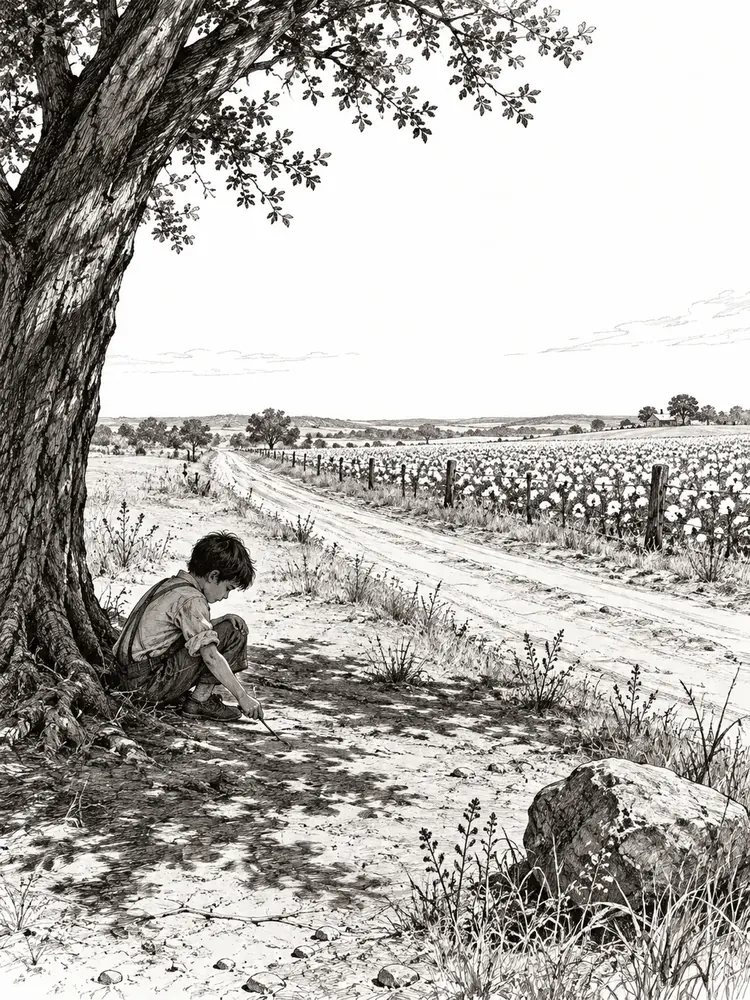 Estudo visual gerado por IA com um menino desenhando no chão sob uma grande árvore junto a uma estrada rural.
