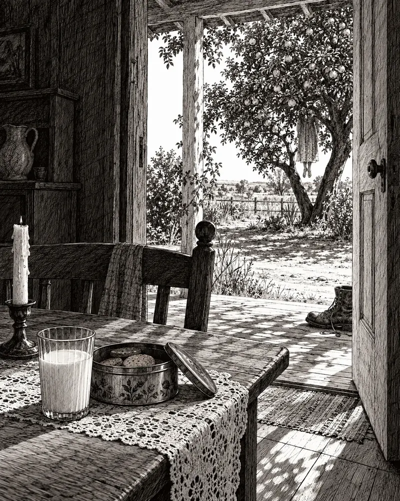 Estudo visual gerado por IA visto do interior de uma casa, com mesa e objetos domésticos em primeiro plano e uma árvore no quintal.