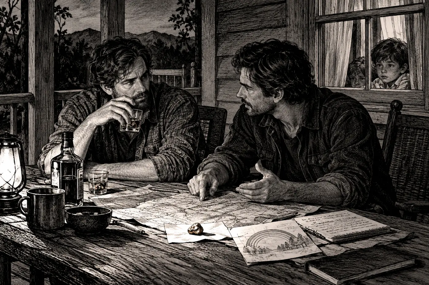 Estudo visual gerado por IA com dois homens adultos conversando diante de mapas, papéis, uma garrafa e uma pequena pedra, enquanto duas crianças observam pela janela.