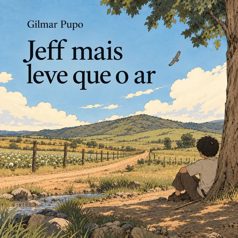 Estudo visual gerado por IA com um menino sentado sob uma árvore diante de uma estrada, campos e montanhas, com um título provisório no céu.