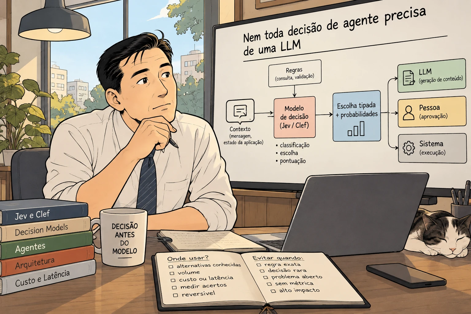 Ilustração de uma pessoa planejando um agente diante de um quadro que relaciona regras, Jev e Clef, geração de conteúdo, aprovação humana e execução pelo sistema