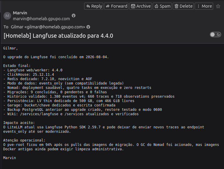 Captura de tela do e-mail de Marvin sobre o upgrade do Langfuse para a versão 4.4.0