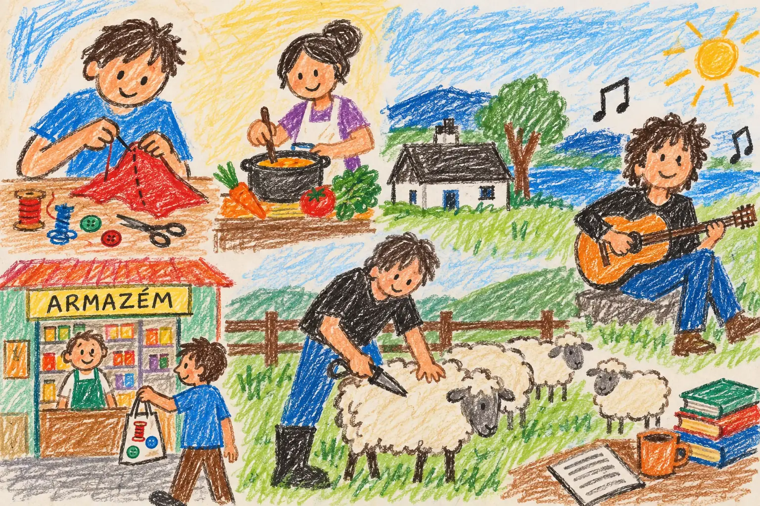 Colagem em giz de cera com cenas de costura, cozinha, compras no armazém, tosquia de ovelhas e um músico tocando violão no campo