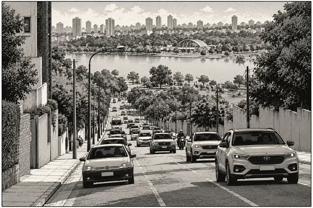 Ilustração em preto e branco de uma rua em subida ao lado do Parque Barigui, com carros e a paisagem urbana de Curitiba ao fundo.