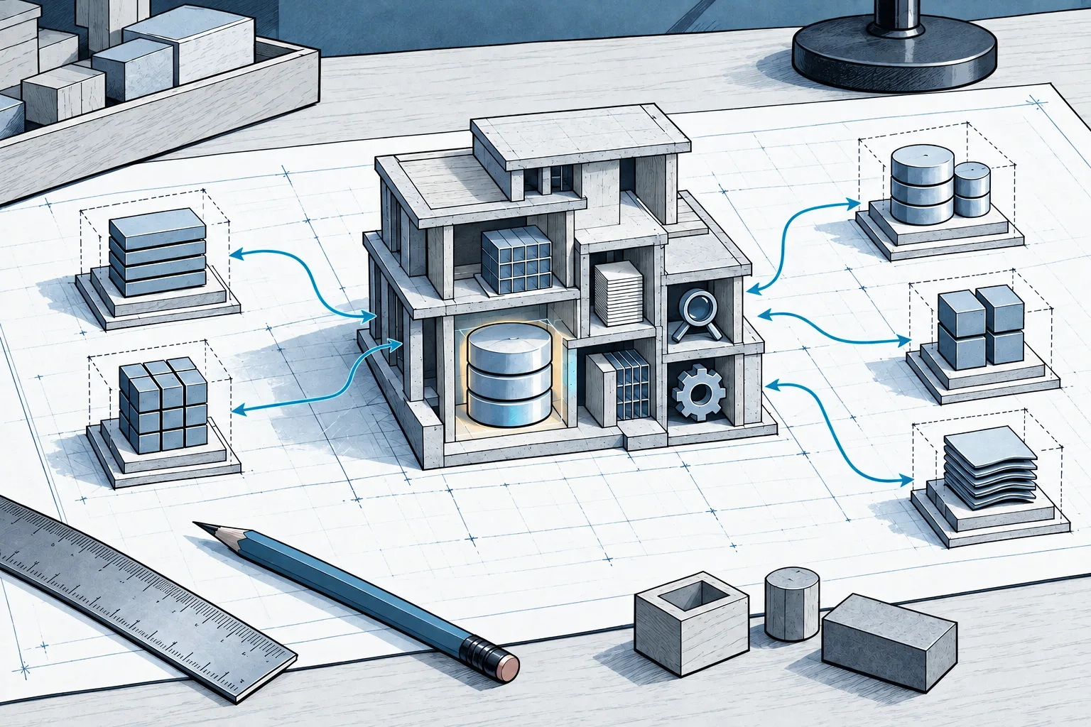 Ilustração de uma estrutura modular sobre uma planta de projeto, com módulos ligados por setas azuis e um cilindro central iluminado