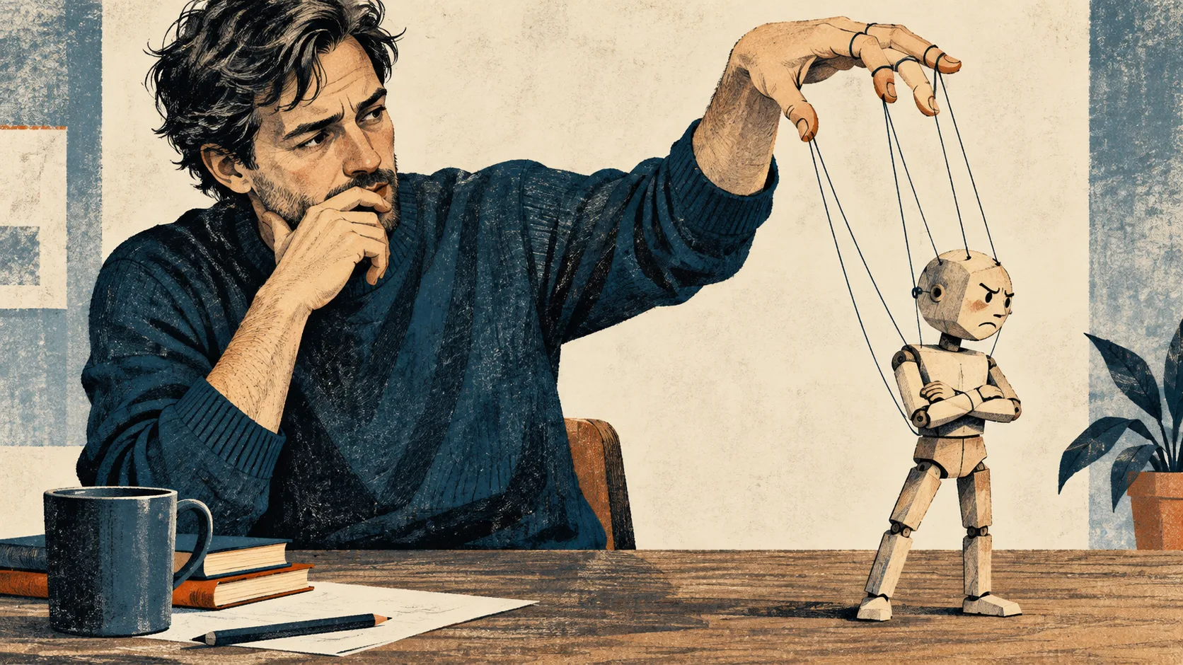 Ilustração de um homem pensativo segurando os fios de uma marionete de madeira que cruza os braços e olha para o lado, contrariada