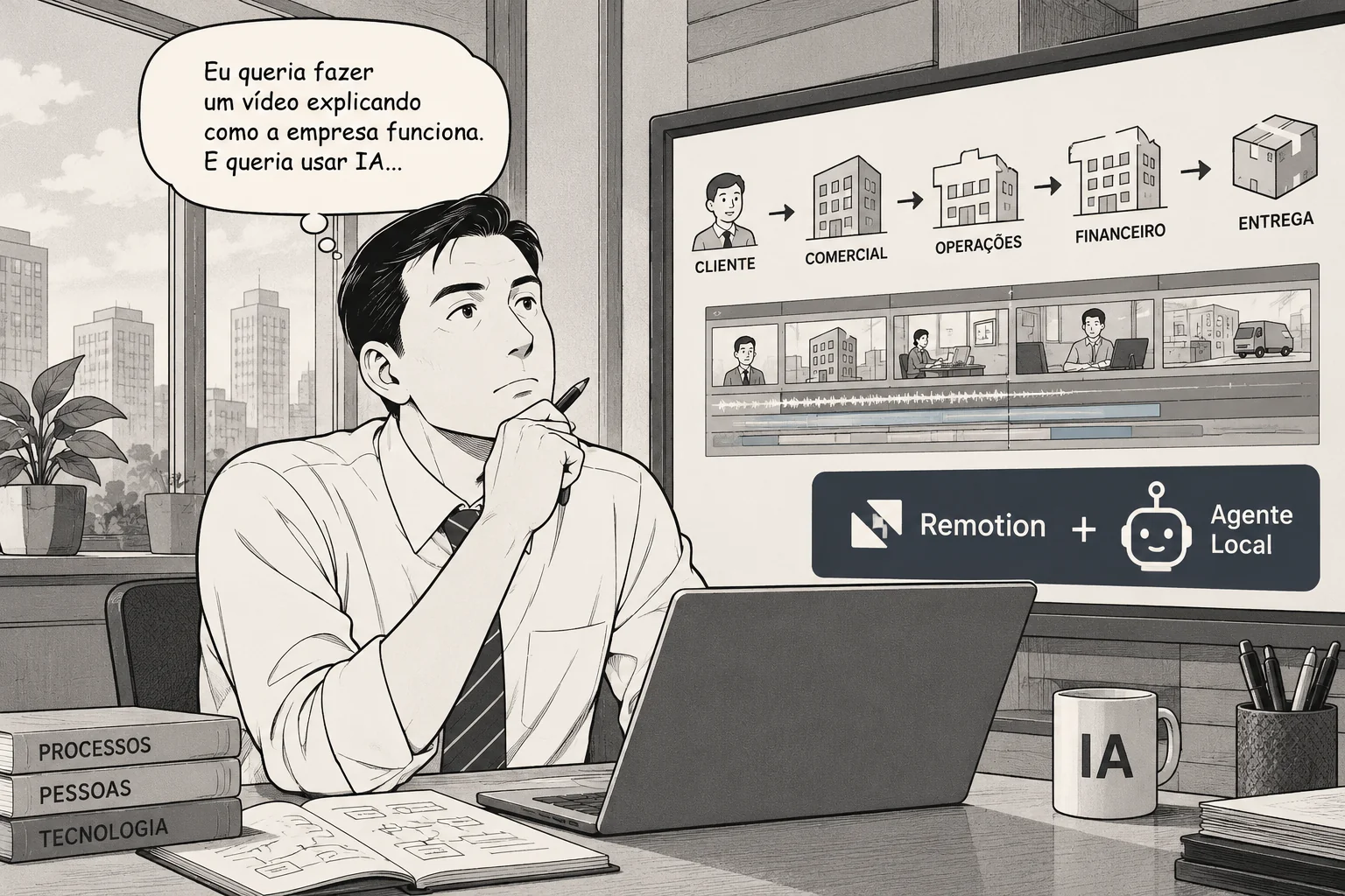 Ilustração em preto e branco de uma pessoa planejando um vídeo sobre o fluxo entre cliente, comercial, operações, financeiro e entrega, usando Remotion e um agente local