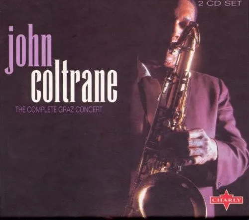 Capa de The Complete Graz Concert, com John Coltrane segurando o saxofone sobre um fundo em tons de vinho.
