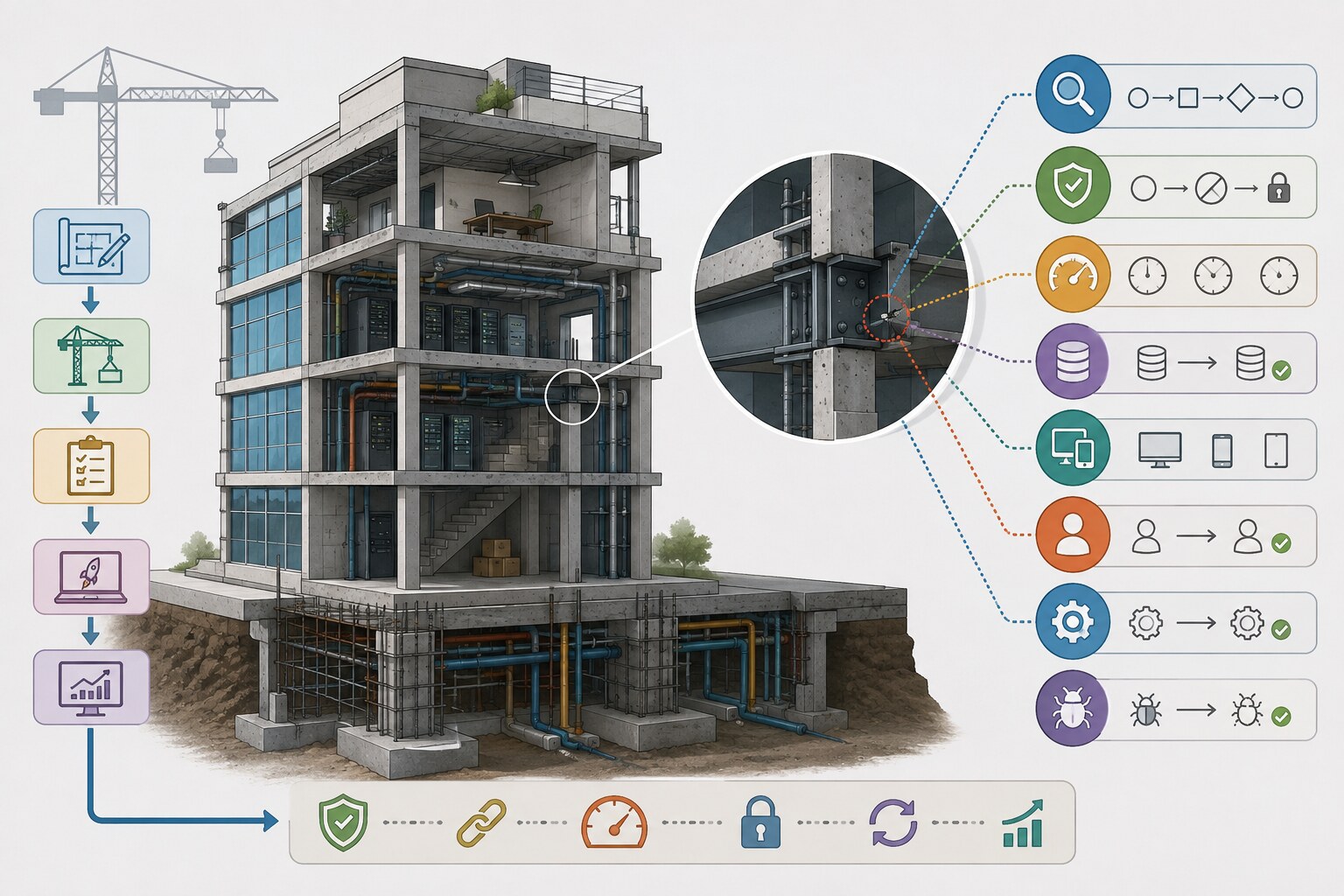 Edifício em corte com fundações, infraestrutura e verificações de segurança, desempenho, dados, compatibilidade e qualidade.