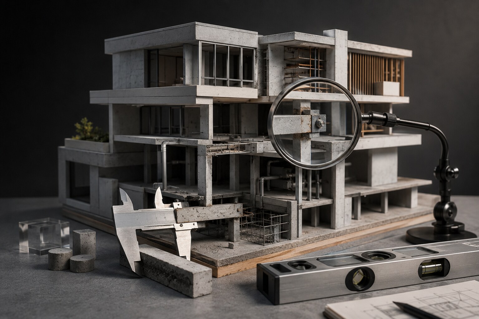 Maquete de um edifício de concreto sendo examinada com lupa, paquímetro e nível.